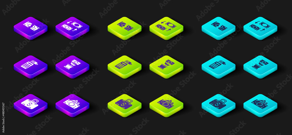 Set Briefcase and money, Stacks paper cash, Cash register machine, Money plant the pot, exchange and Tearing banknote icon. Vector Set Briefcase and money, Stacks paper cash, Cash register machine, Money plant the pot, exchange and Tearing banknote icon. Vector