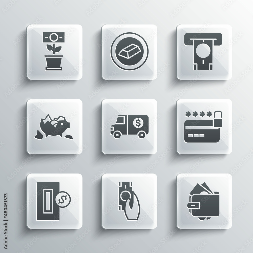 Set Fast payments, Wallet with money, Credit card lock, Armored truck, Inserting coin, Broken piggy bank, Money plant the pot and ATM and icon. Vector Set Fast payments, Wallet with money, Credit card lock, Armored truck, Inserting coin, Broken piggy bank, Money plant the pot and ATM and icon. Vector