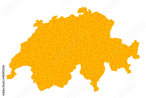 Vector Golden map of Switzerland. Map of Switzerland is isolated on a white background. Golden particles pattern based on solid yellow map of Switzerland.