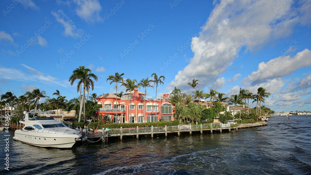 Beautiful pink waterfront home on the Intracoastal Waterway in Fort Lauderdale, Florida, USA. 