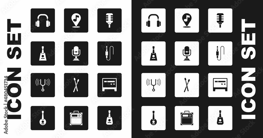 Set Microphone, Balalaika, Headphones, Audio jack, Location musical note, Guitar amplifier and Musical tuning fork icon. Vector Set Microphone, Balalaika, Headphones, Audio jack, Location musical note, Guitar amplifier and Musical tuning fork icon. Vector