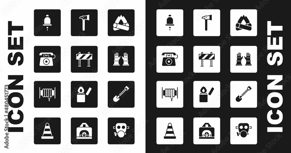 Set Campfire, Road barrier, Telephone call 911, Ringing alarm bell, Firefighter gloves, axe, shovel and hose reel icon. Vector Set Campfire, Road barrier, Telephone call 911, Ringing alarm bell, Firefighter gloves, axe, shovel and hose reel icon. Vector