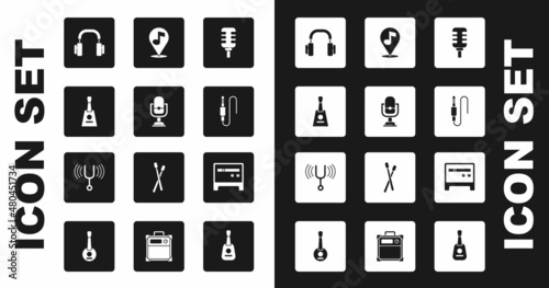 Set Microphone, Balalaika, Headphones, Audio jack, Location musical note, Guitar amplifier and Musical tuning fork icon. Vector