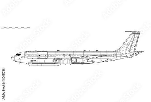 Northrop Grumman E-8C Joint STARS. Vector drawing of ground surveillance and command and control aircraft. Side view. Image for illustration and infographics.