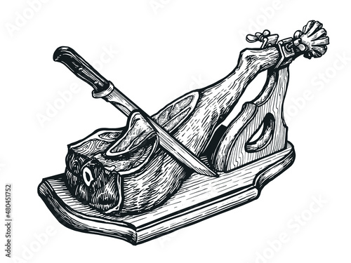 Jamon hand drawn sketch illustration. Farm pork meat engraving vector