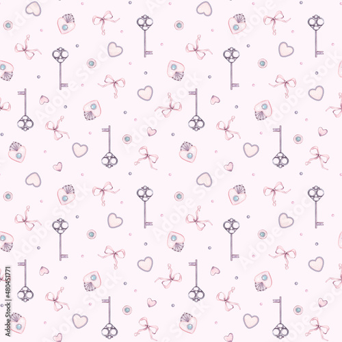 Watercolor seamless wedding day pattern with key, brooch, heart, pendant, bow, ribbon. For baby shower party, clothes, bachelorette party, valentine cards, linen, wrapping paper, wallpaper, textile.