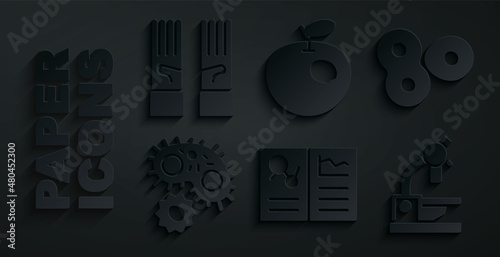 Set Clinical record, Cell division, Virus, Microscope, Genetically modified apple and Medical rubber gloves icon. Vector