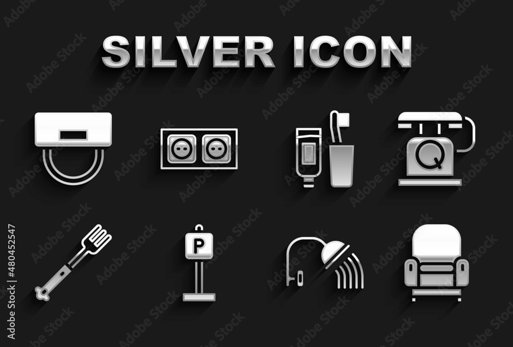 Set Parking, Telephone handset, Armchair, Shower head, Fork, Toothbrush toothpaste, Bellboy hat and Electrical outlet icon. Vector Set Parking, Telephone handset, Armchair, Shower head, Fork, Toothbrush toothpaste, Bellboy hat and Electrical outlet icon. Vector