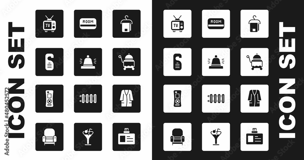 Set Towel on hanger, Hotel service bell, Please do not disturb, Retro tv, Covered with tray, key card, Bathrobe and Remote control icon. Vector Set Towel on hanger, Hotel service bell, Please do not disturb, Retro tv, Covered with tray, key card, Bathrobe and Remote control icon. Vector
