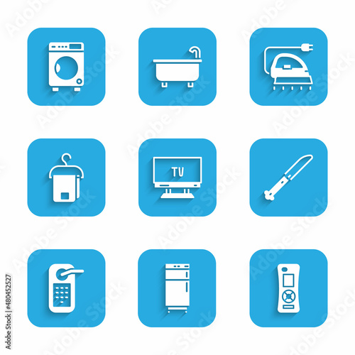 Set Smart Tv, Refrigerator, Remote control, Knife, Digital door lock, Towel hanger, Electric iron and Washer icon. Vector