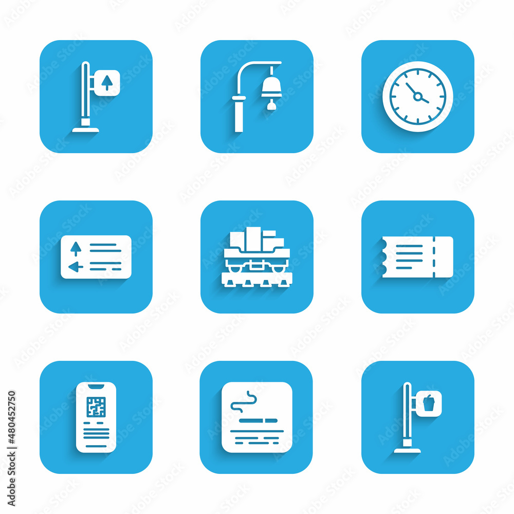 Set Cargo train wagon, Smoking area, Cafe and restaurant location, Train ticket, E-ticket, Road traffic signpost, station clock and icon. Vector Set Cargo train wagon, Smoking area, Cafe and restaurant location, Train ticket, E-ticket, Road traffic signpost, station clock and icon. Vector