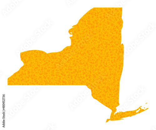 Vector Golden map of New York State. Map of New York State is isolated on a white background. Golden particles mosaic based on solid yellow map of New York State.