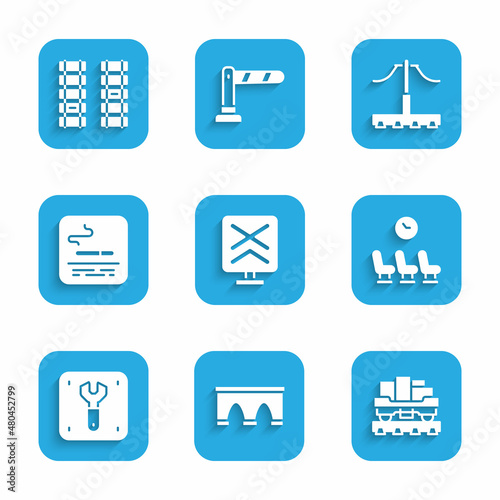 Set Railroad crossing, Bridge for train, Cargo wagon, Waiting room, Repair of railway, Smoking area, Railway and Railway, railroad track icon. Vector