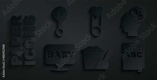 Set Sand in bucket with shovel, Baby dummy pacifier, ABC book, clothes pin and Rattle baby toy icon. Vector