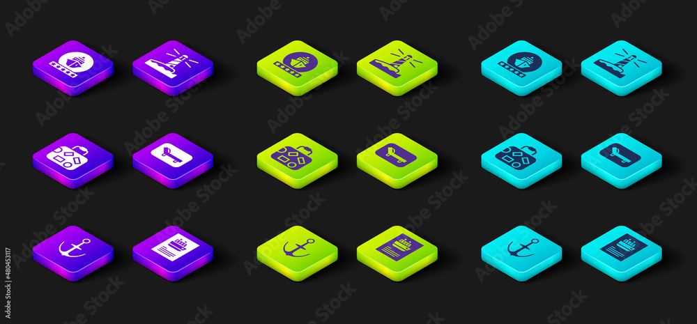 Set Anchor, Cruise ship, Suitcase, Sunbed and umbrella, Lighthouse and icon. Vector Set Anchor, Cruise ship, Suitcase, Sunbed and umbrella, Lighthouse and icon. Vector