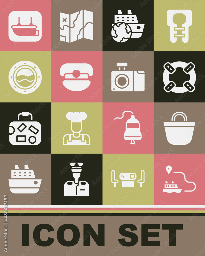 Set Ship line path, Beach bag, Lifebuoy, Cruise ship, Captain hat, porthole with seascape, Lifeboat and Photo camera icon. Vector Set Ship line path, Beach bag, Lifebuoy, Cruise ship, Captain hat, porthole with seascape, Lifeboat and Photo camera icon. Vector