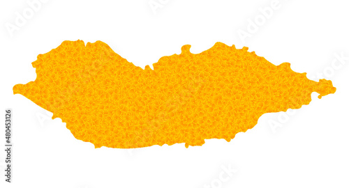 Vector Golden map of Socotra Island. Map of Socotra Island is isolated on a white background. Golden items pattern based on solid yellow map of Socotra Island.