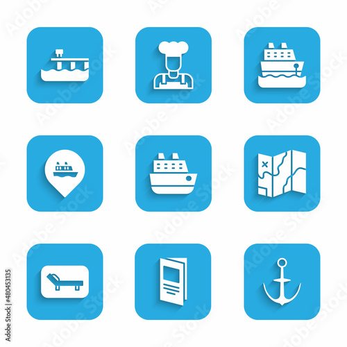 Set Cruise ship, Brochure, Anchor, Folded map, Sunbed and umbrella, Location with cruise, and Beach pier dock icon. Vector