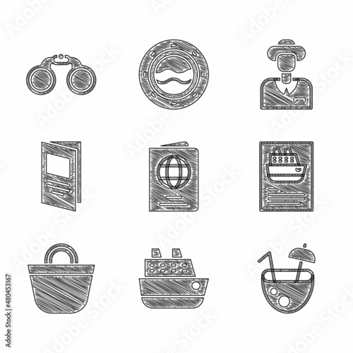 Set Passport, Cruise ship, Coconut cocktail, Beach bag, Brochure, Tourist and Binoculars icon. Vector