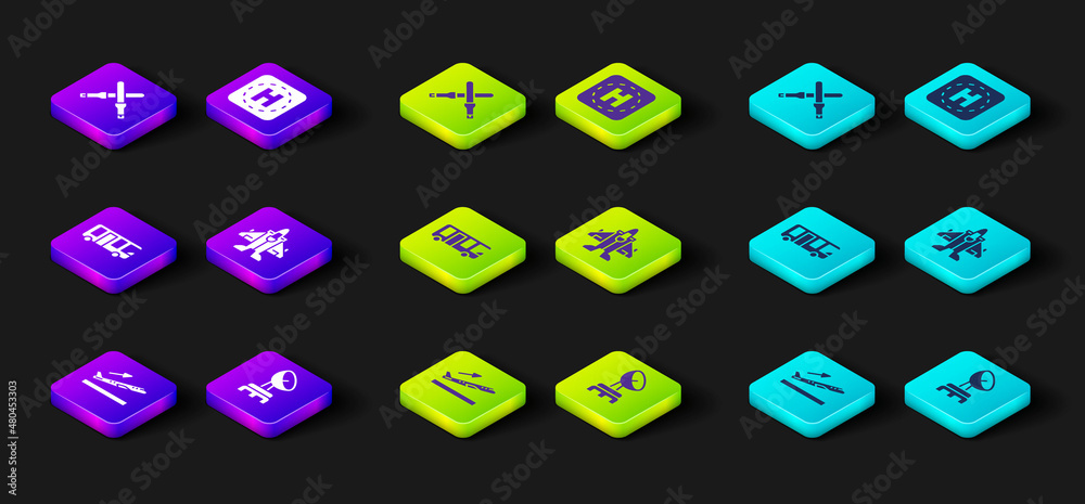 Set Plane takeoff, Radar, Airport bus, Jet fighter, Helicopter landing pad and Marshalling wands icon. Vector