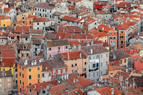 Top view of the old town of Rovinj in Croatia. Red tiled roofs of houses.