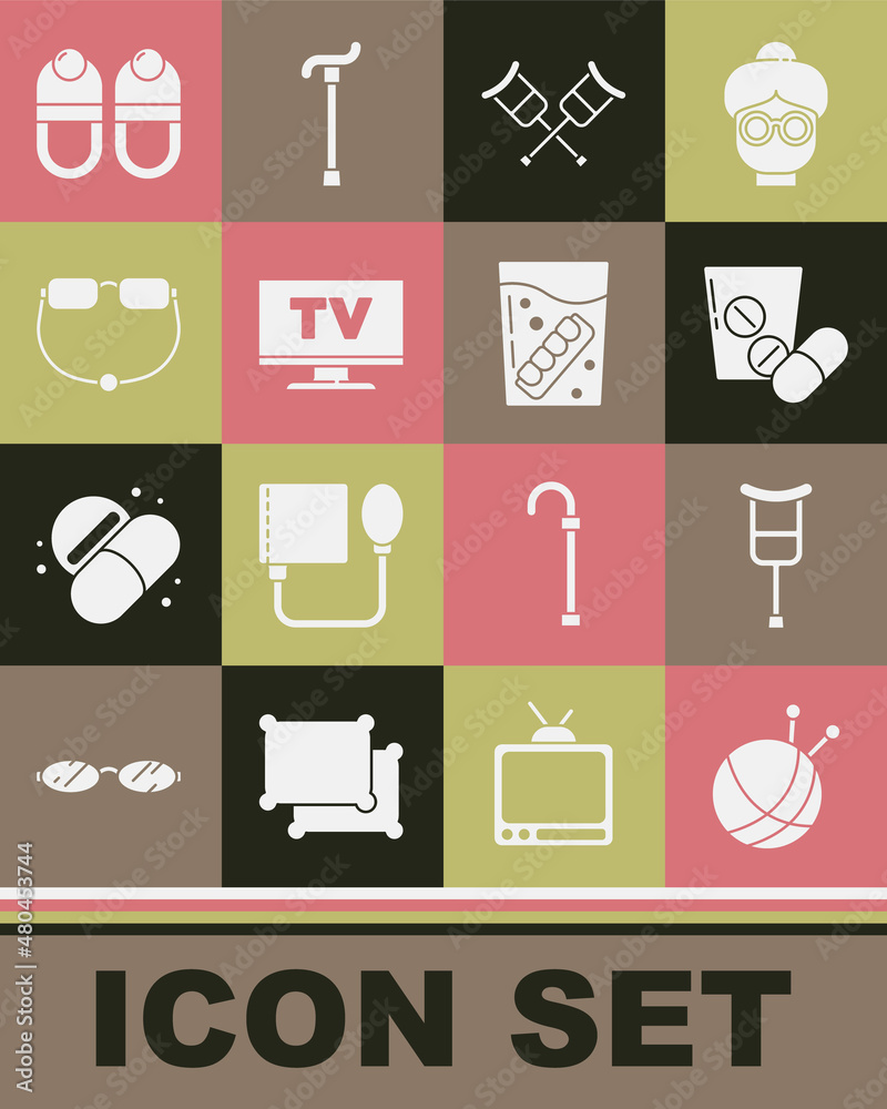Set Yarn ball with knitting needles, Crutch or crutches, Medicine pill tablet, Smart Tv, Eyeglasses, Slippers and False jaw icon. Vector Set Yarn ball with knitting needles, Crutch or crutches, Medicine pill tablet, Smart Tv, Eyeglasses, Slippers and False jaw icon. Vector