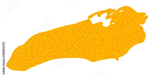 Vector Gold map of Ontario Lake. Map of Ontario Lake is isolated on a white background. Gold particles pattern based on solid yellow map of Ontario Lake.