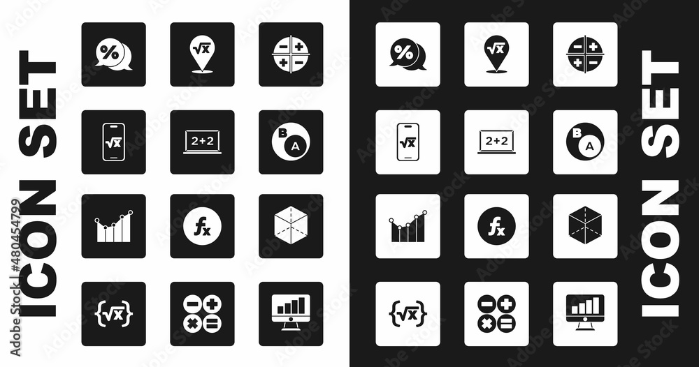 Set XYZ Coordinate system, Chalkboard, Square root of x glyph, Discount percent tag, Subsets, math, subset, Geometric figure Cube and Graph, schedule, chart, diagram icon. Vector Set XYZ Coordinate system, Chalkboard, Square root of x glyph, Discount percent tag, Subsets, math, subset, Geometric figure Cube and Graph, schedule, chart, diagram icon. Vector