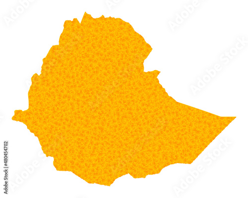 Vector Golden map of Ethiopia. Map of Ethiopia is isolated on a white background. Golden items mosaic based on solid yellow map of Ethiopia.
