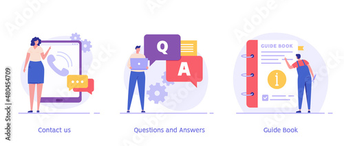 Woman calling support service. User asking question in support chat. Man read user manual. Set of contact us, guide book, faq, questions, answers. Collection of vector flat illustration for banner UI