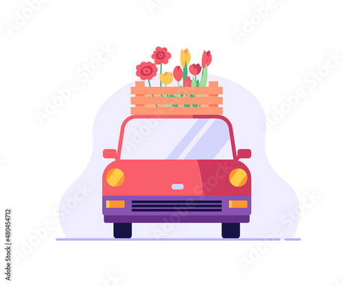 Delivery car with flower box. Concept of flower delivery service, plant order online, flower shop. Vector illustration flat design for web banner, mobile app