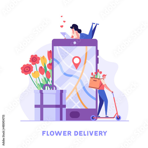 Client ordering tulips online and courier delivering flowers order. Concept of flower delivery service, plant order online, flower store. Vector illustration flat design for web banner, mobile app