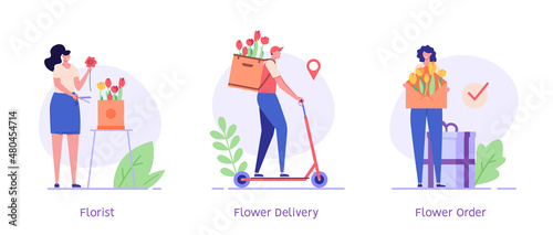 Woman collecting floral composition of different flowers. Courier riding scooter and delivering order. Set of flower delivery service, flower shop. Vector flat illustration for banner, mobile app