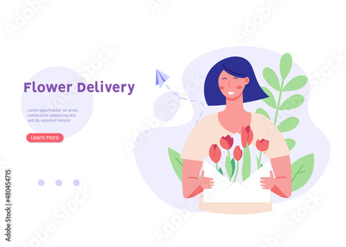 Woman ordering tulips online and delivering flowers order. Concept of flower delivery service, plant order online, flower store. Vector illustration flat design for web banner, landing page template