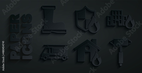 Set Fire in burning house, buildings, truck, Firefighter axe, protection shield and boots icon. Vector