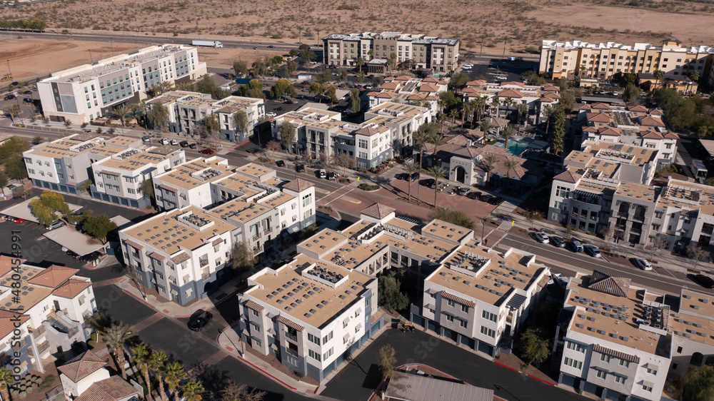 Afternoon aerial view of dense urban core of Surprise, Arizona, USA.