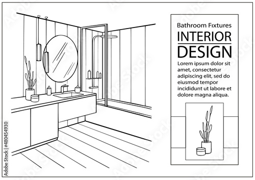 Sketch interior bathroom with closet. Line drawing modern design home interior. Vector illustration washbasin, bath, mirror, tiles, lighting.