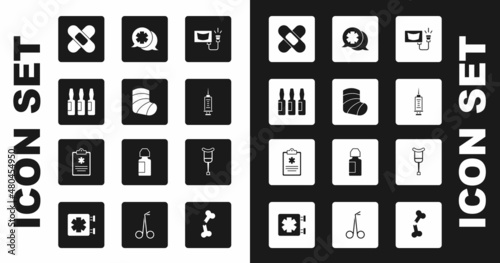 Set Ultrasound, Gypsum, Medical vial, ampoule, Crossed bandage plaster, Syringe, Dialogue with the doctor, Crutch crutches and Clinical record icon. Vector