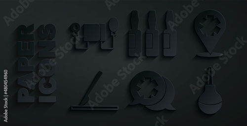 Set Dialogue with the doctor, Location cross hospital, Medical surgery scalpel, Enema, vial, ampoule and Blood pressure icon. Vector