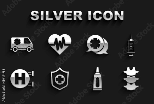Set Life insurance in hand, Syringe, Human spine, Ointment cream tube medicine, Hospital signboard, Dialogue with the doctor, Emergency car and Heart rate icon. Vector