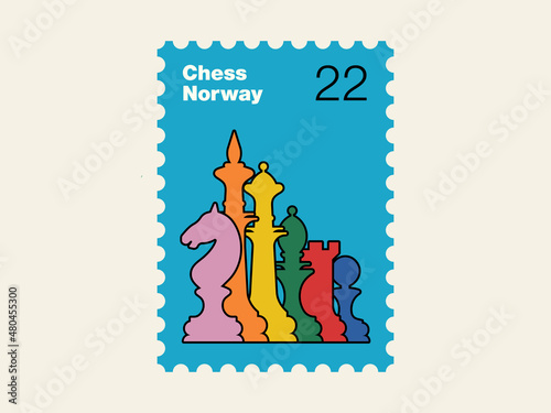 Silhouettes of chess pieces. King, Queen, rook, knight, Bishop, pawn. Chess Norway postage Stamp. Vector chess isolated on white background.