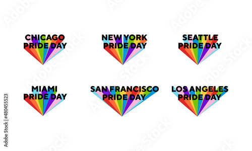 Pride day logo rainbow flag symbol. Celebrating Pride Day in the cities of Chicago, Miami, San Francisco, Los Angeles, Seattle, New York.