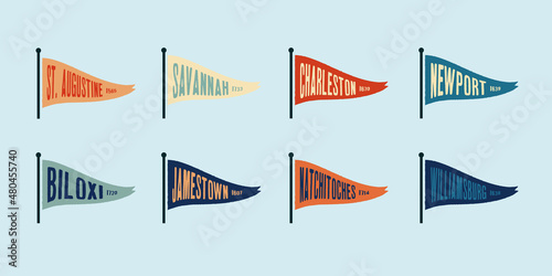 Set flag graphic. Old vintage trendy flag with city of history city USA. Vintage banner with ribbon flag. photo