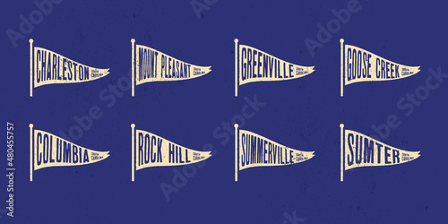 Set flag graphic. Old vintage trendy flag with city of South Carolina state. Vintage banner with ribbon flag.