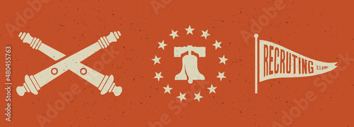 Vintage illustration old US Army, army recruitment, flag, bell, cannon