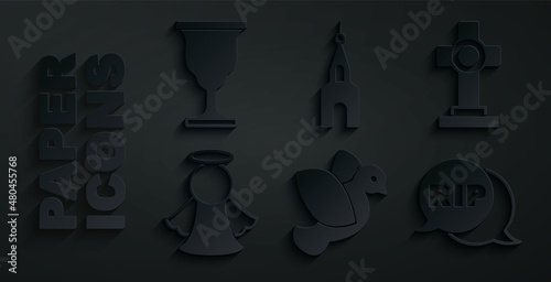 Set Dove, Grave with cross, Angel, Speech bubble rip death, Church building and Christian chalice icon. Vector