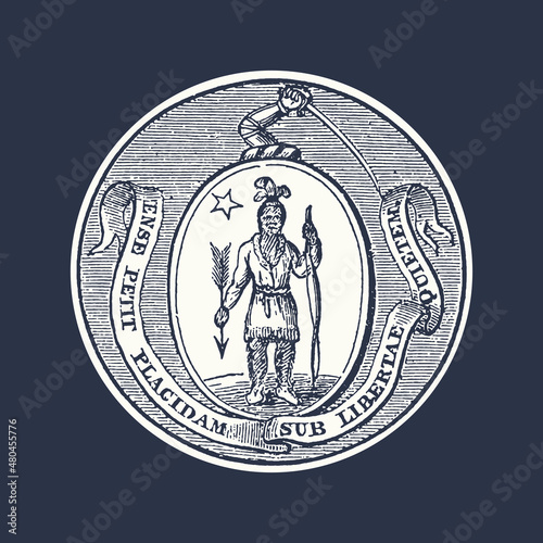 Seal of the State of Massachusetts, vintage engraved illustration. 