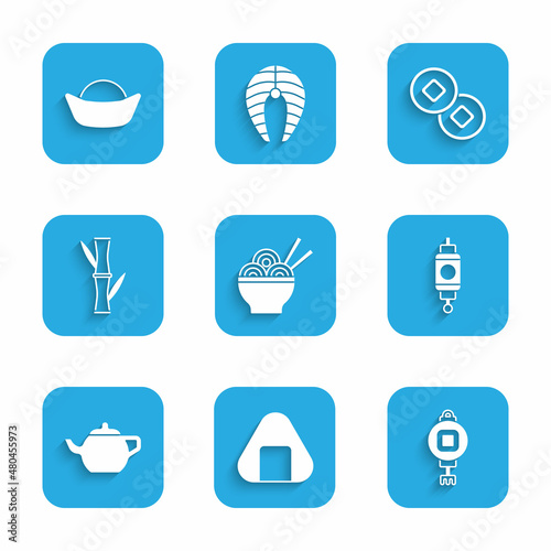 Set Asian noodles in bowl, Sushi, Chinese paper lantern, tea ceremony, Bamboo, Yuan currency and icon. Vector