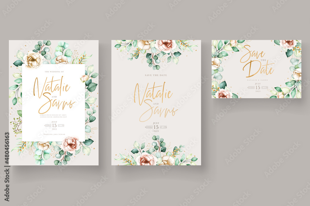 hand drawn roses peony and  wedding invitation card set