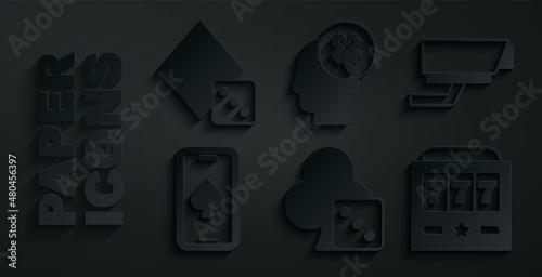 Set Game dice, Security camera, Online poker table game, Slot machine with jackpot, Casino slot clover and icon. Vector